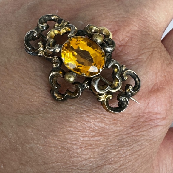 Victorian Gold Gilded Citrine Brooch Pin - Picture 7 of 13